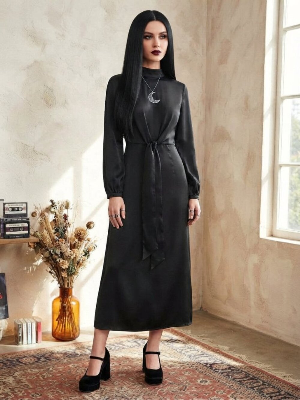 Whimsigoth Modest Elegant Black Satin Long Midi Dress Self Tie Wrap Accent M